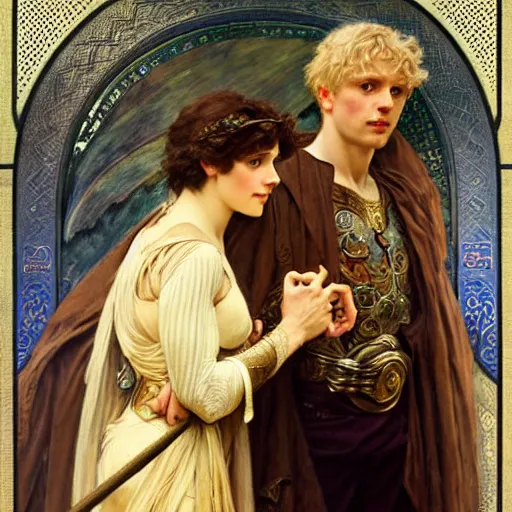 Image similar to arthur pendragon and merlin. focus on their faces. highly detailed painting by gaston bussiere, j. c. leyendecker, alphonse mucha, greg rutkowski, 8 k