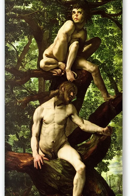 Prompt: a satyr sitting on a tree trunk in a forest, highly detailed and intricate, beautiful painting by Caravaggio