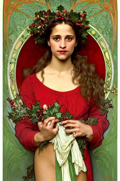 Image similar to realistic art nouveau style detailed portrait of alicia vikander wearing a holly wreath as a crown at christmas by alphonse mucha, william adolphe bouguereau, and donato giancola art nouveau style, red and green christmas colors