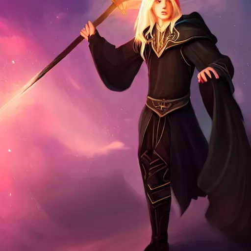 Image similar to Young, handsome wizard with a blonde ponytail wearing exquisite black robes, a spider cloak and wielding a legendary staff of light. Magic flux. High fantasy, digital painting, HD, 4k, detailed.