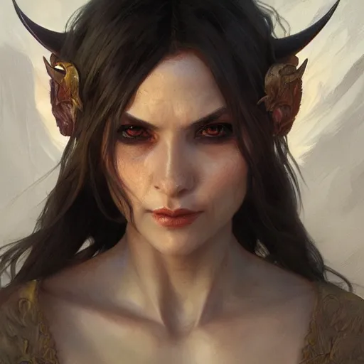 Image similar to portrait of a demon, D&D, fantasy, highly detailed, digital painting, artstation, smooth, sharp focus, illustration, art by artgerm and greg rutkowski and alphonse mucha