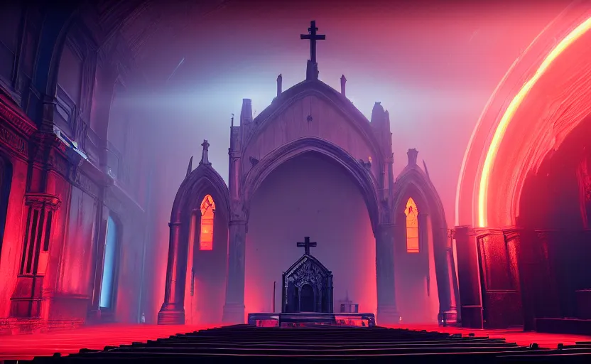 Image similar to symmetrical, ancient church of worship with red shafts of light in destiny 2, foggy, liminal, dark, dystopian, beautiful architecture, abandoned, highly detailed 4 k 6 0 fps destiny 2 expansion promotional poster, reveal image gameinformer