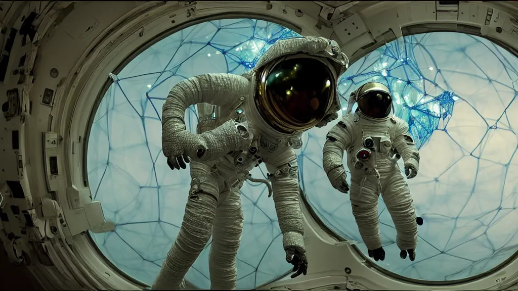 Image similar to a single astronaut eva suit interwoven with diamond 3d fractal lace iridescent bubble 3d skin and covered with insectoid compound eye camera lenses floats through the living room, film still from the movie directed by Denis Villeneuve with art direction by Salvador Dalí, wide lens,