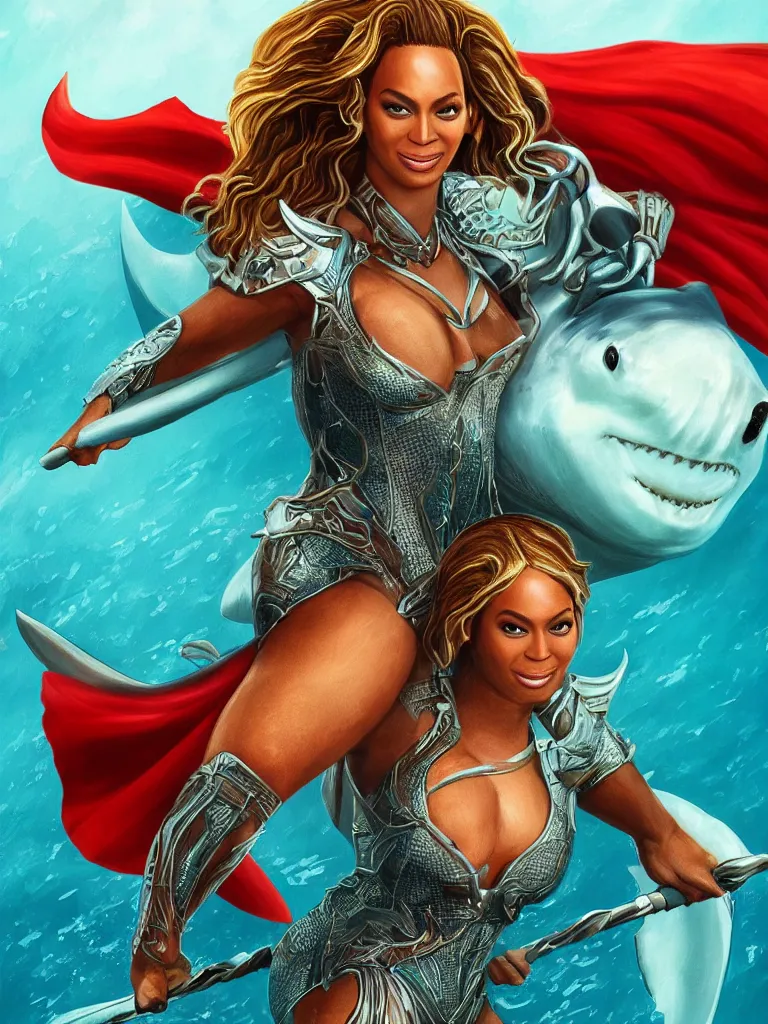 Prompt: regal portrait of superhero Beyonce riding a great white shark with a trident, extremely high detail, photorealistic, cinematic lighting, artstation inspired by Marvel movies