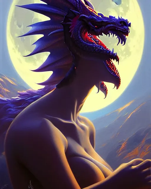 Image similar to a potrait of a fantasy moon dragon, fine details. night setting. realistic shaded lighting poster by ilya kuvshinov katsuhiro, artgerm, jeremy lipkin and michael garmash, unreal engine, radiant light, detailed and intricate environment