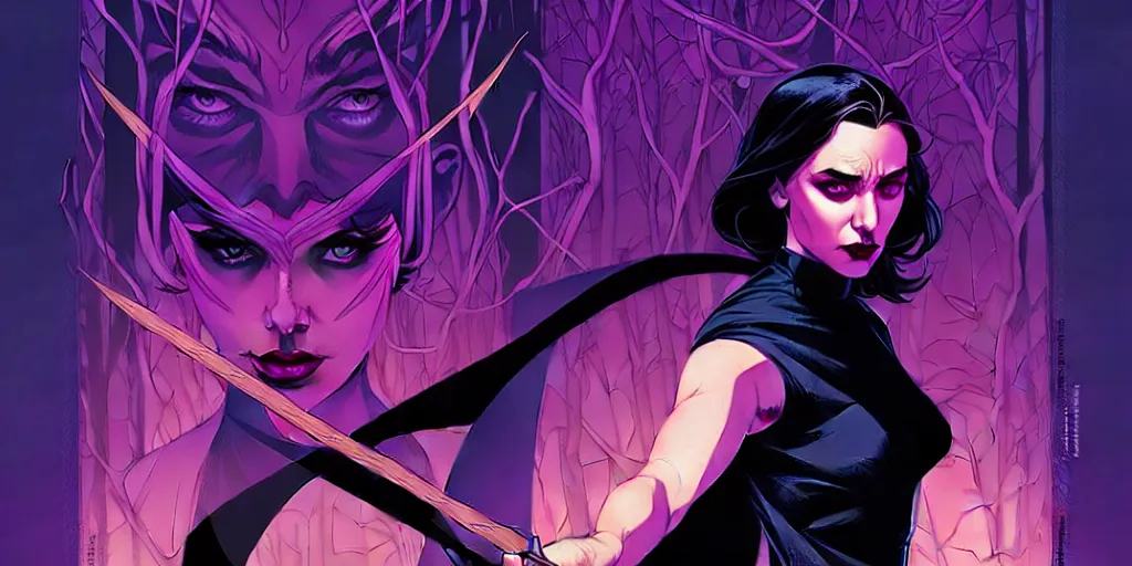 Image similar to rafael albuquerque comic cover art, artgerm, joshua middleton, pretty stella maeve witch doing black magic, serious look, purple dress, symmetrical eyes, symmetrical face, long black hair, full body, twisted evil dark forest in the background, cool colors