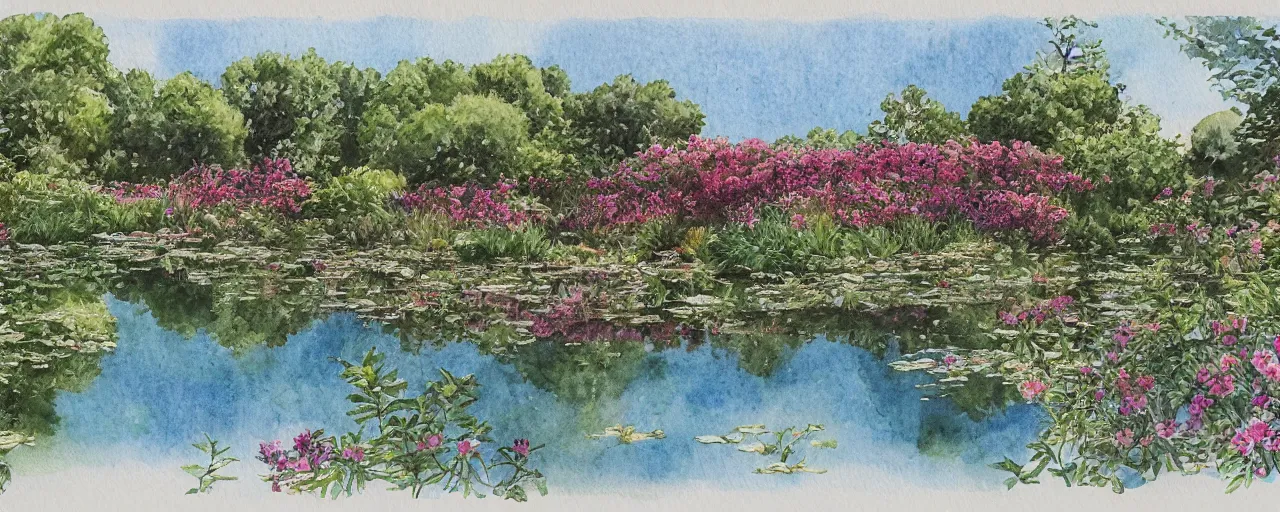 Image similar to isomeric view, delicate lake in a botanic garden, stony road, on a botanical herbarium paper, watercolor colored painting, iridescent colors, 8 k, realistic shaded, fine details, artstation, italian style, colonnade, vines, flowers, gardena architecture, pompeii