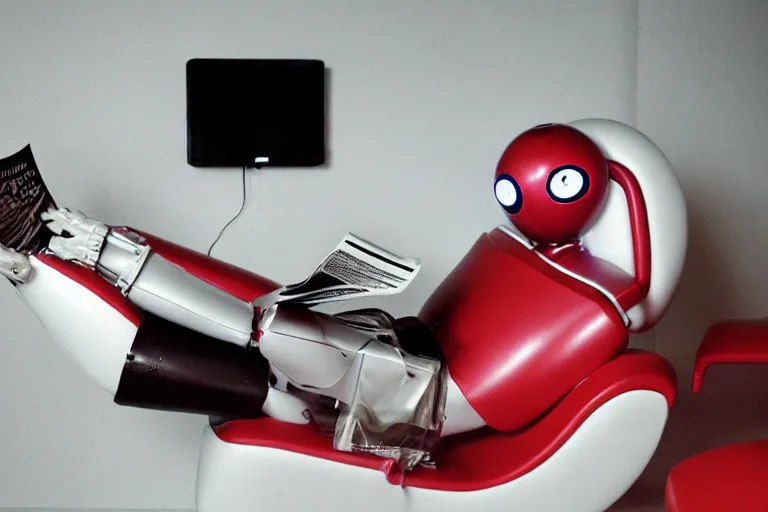 Image similar to Against a clean white cyc (white backdrop) futuristic studious matte brown and red and chrome full-body humanoid robot with two huge round expressive sad purple glowing LED eyes and open rectangular mouth sitting on a large comfortable cushioned 1950s vintage recliner reading a newspaper. open newspaper. full shot Cinematic Movie Photograph, Arri Alexa, Extremely Detailed, smooth, very very clean, white cyc, white background, 8K, octane render, maya render, unreal engine, trending on artstation, DSLR, excellent composition, center frame