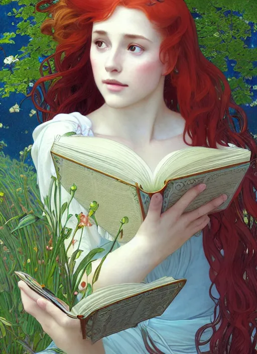 Prompt: pretty young woman resembling alicia vikander with long red hair, reading a book under a tree, path traced, highly detailed, high quality, digital painting, by studio ghibli and alphonse mucha, leesha hannigan, hidari, art nouveau, chiho aoshima, jules bastien - lepage
