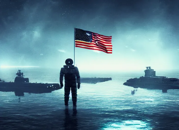 Image similar to astronaut holding a flag in an underwater desert. a submarine is visible in the distance. dark, concept art, cinematic, dramatic, atmospheric, 8 k, trending on artstation, blue, fish, low visibility, fog, ocean floor, christopher nolan, interstellar