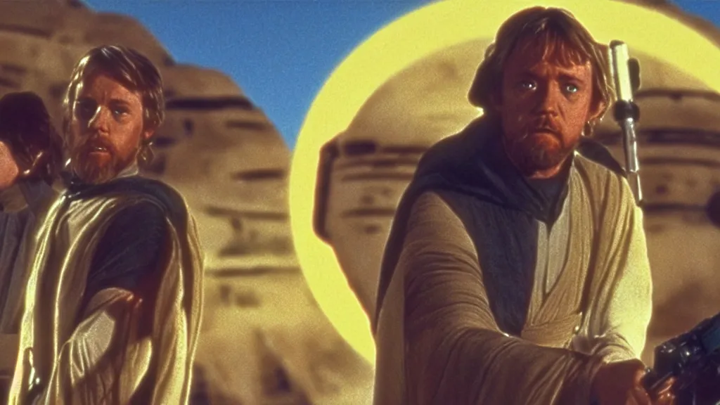 Image similar to film still Luke skywalker obi wan kenobi R2-D2 C-3PO tatooine sunset Star Wars a new hope 1977 studio ghibli animation