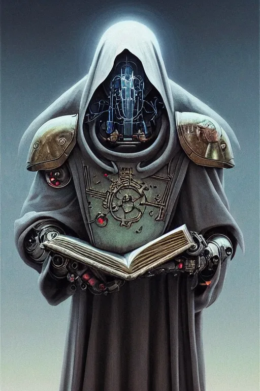 Image similar to painting of a cloaked tech priest holding a book, adeptus mechanicus!!!, cybernetic enhancements attached to his body, praise the omnissaiah, zdzislaw beksinski, lewis jones, mattias adolfsson, warhammer 4 0 k!!, cold hue's, warm tone gradient background, concept art, digital painting