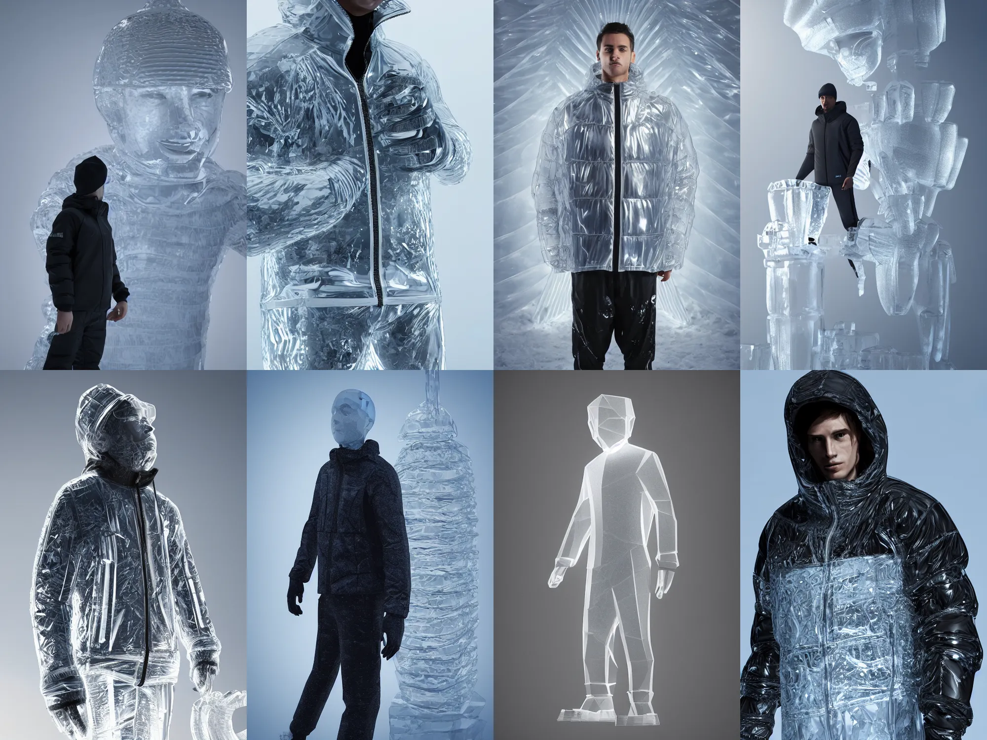 Prompt: transparent ice sculpture of man in Adidas winter jacket sportswear, intricate sculpture, godlike, low poly, octane render, 4k, volumetric lighting, fog, black background