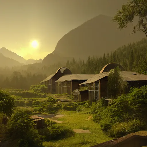 Image similar to ecovillage 🏢designed by olson kundig, day time, grand mountains and forest in the distance, farm and gardens, streams, white mist, sun in the sky, Cinematic, environment concept art, ethereal, ultra detailed, unreal engine style, cinematic light, trending in artstation, highly detailed, epic scene