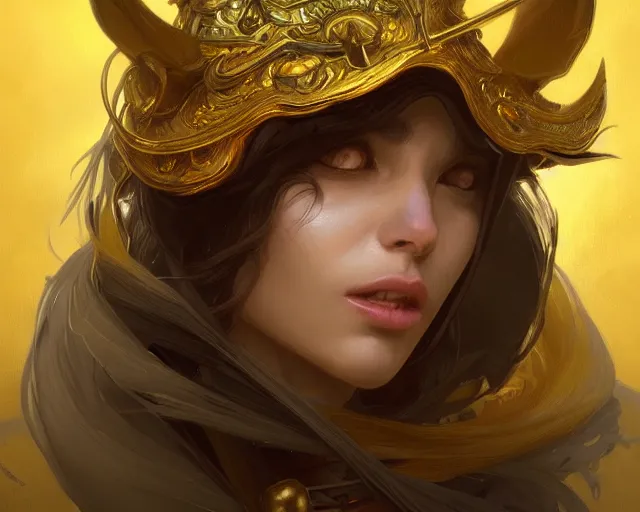 Image similar to a mind - blowing portrait of a cat wizard, yellow wizard hat, deep focus, d & d, fantasy, intricate, elegant, highly detailed, digital painting, artstation, concept art, matte, sharp, illustration, hearthstone, art by artgerm and greg rutkowski and alphonse mucha