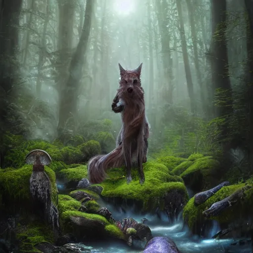 Image similar to tom bagshaw, beautiful full wolf pelt, mythical cosmic shrine, soft painting render curiosities carnival pond river vegetation rocks bugs wildlife mushrooms covered moss bioluminescent wisps, beautiful stunning waterfall, accurate features, focus, very intricate ultrafine details, random volumetric lighting, fog, award winning masterpiece, octane render 8 k hd, artstation