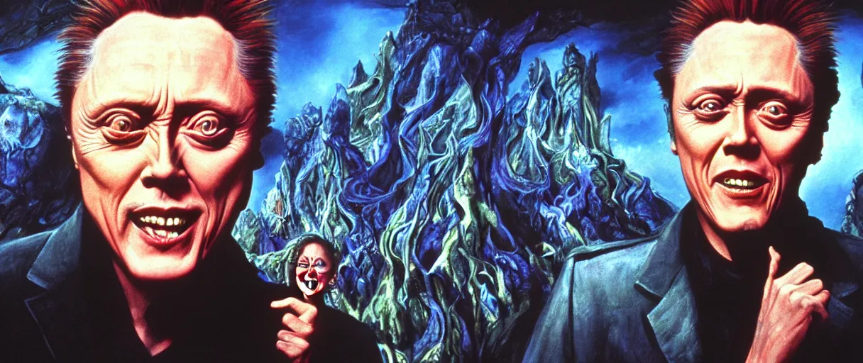 Image similar to neo-surrealist close-up matte painting of old christopher walken pointing and laughing at me wayne barlowe hannah yata very dramatic lighting 8k wide angle shallow depth of field