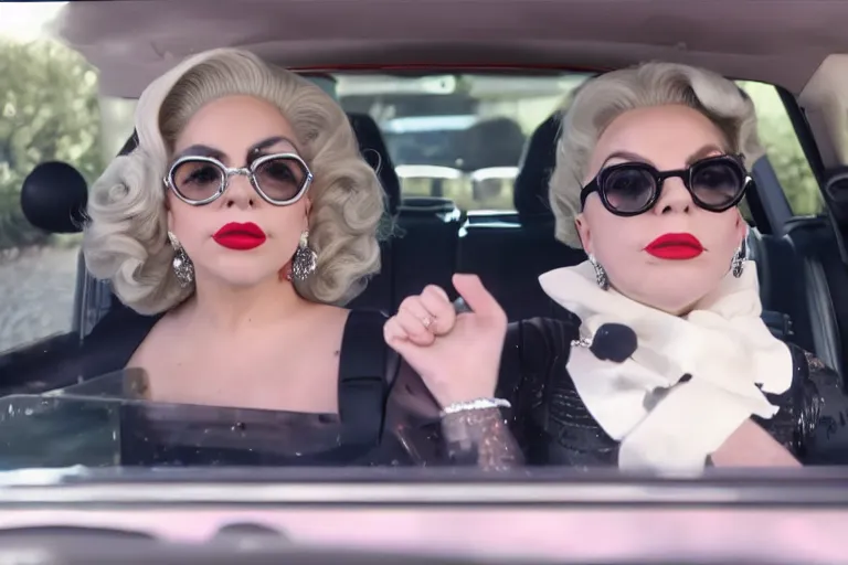 Image similar to lady gaga and judy garland in carpool karaoke, lady gaga, judy garland, red weapon 8 k s 3 5, cooke anamorphic / i lenses, highly detailed, cinematic lighting