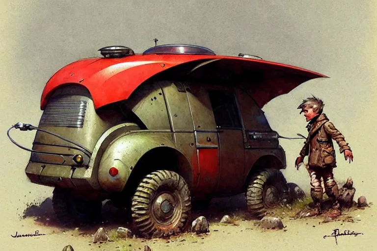 Image similar to adventurer ( ( ( ( ( 1 9 5 0 s retro future robot android mouse wagon rv offroad tracked. muted colors. ) ) ) ) ) by jean baptiste monge!!!!!!!!!!!!!!!!!!!!!!!!! chrome red