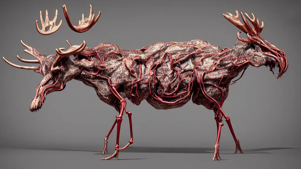 Image similar to stylized shiny polished silver statue full body bizarre extra limbs cosmic horror quadruped animal moose deer skull four legs made of marble of slug worm creature tendrils perfect symmetrical body perfect symmetrical face hyper realistic hyper detailed by johannen voss by michelangelo octane render blender 8 k displayed in pure white studio room anatomical deep red arteries veins flesh animatronic