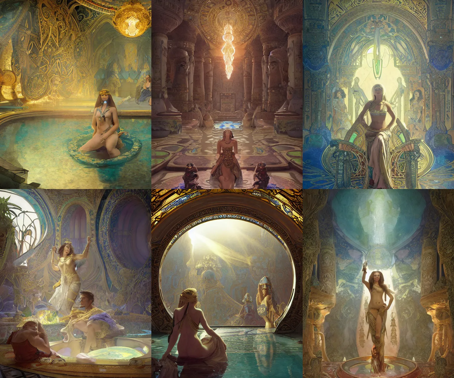 Prompt: fantasy movie scene alfons mucha and andreas rocha and canaletto detailed digital art of ornate and royal egyptian antechamber tomb, cleopatra in a circular pool with an erupting galaxy, epic atmosphere, sharp sunray lighting, cinematic lighting, fine details, 4 k, unreal engine, hyperrealism, cinematic composition, blender render, realistic, detailed textures, very wide shot