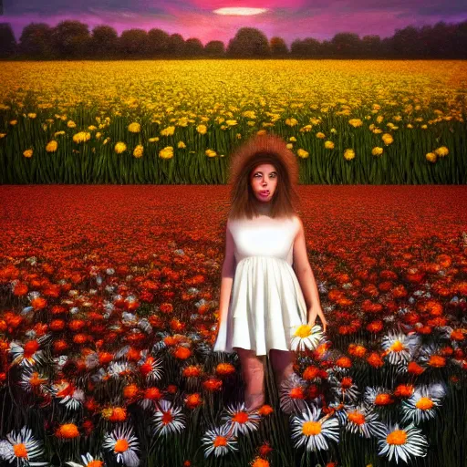 Image similar to full body daisy flower head girl standing in a flower field, her head is hidden behind the huge daisy flower,. surreal photography, sunrise, dramatic light, impressionist painting, colorful clouds, digital painting, artstation, simon stalenhag