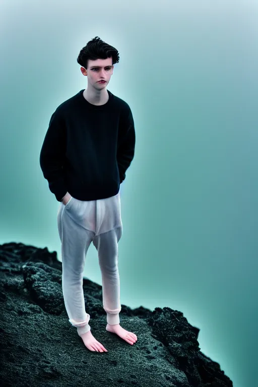 Prompt: high quality pastel coloured film mid angle docu photograph of a beautiful young 2 0 year old male, soft features, short black hair, oversized clothing, next to icelandic black rock pool environment. atmospheric. three point light. photographic. art directed. ( pastel colours ). volumetric light. clearcoat. waves glitch. 8 k. filmic.