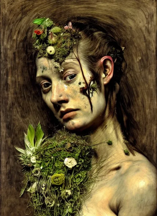 Prompt: beautiful and detailed rotten woman made of plants and many different types of flowers, muscles, intricate, organs, ornate, surreal, john constable, guy denning, gustave courbet, caravaggio, romero ressendi