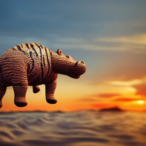 Image similar to a closeup photorealistic photograph of a cute smiling knitted tiger hippopotamus chasing a beachball at sunset. surf in the background. professional capture. this 4 k hd image is trending on artstation, featured on behance, well - rendered, extra crisp, features intricate detail, epic composition and the style of unreal engine.