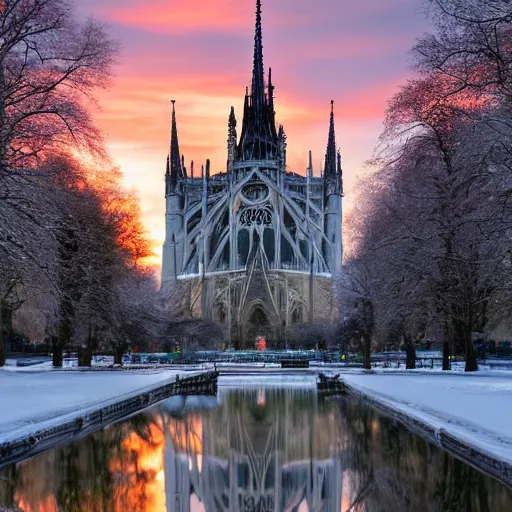 Prompt: crystal Notre Dame, at dawn, sunlit
