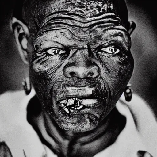 Image similar to black and white photo, portrait of Congolese voodoo master by sebastiao salgado, realistic, Leica, medium format, cinematic lighting, parallax, high resolution,