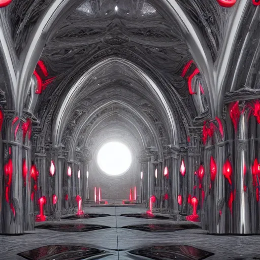 Prompt: alien biotech cathedral made of dark grey marble with light red veining and highly detailed ornaments extruding the complex surface, photorealistic, high quality lenses, cinematic lighting, volumetric lighigh quality environment, next gen rendering, nvidia