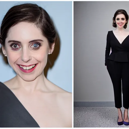 Prompt: Alison Brie in a business suit, film grain, EOS-1D, f/1.4, ISO 200, 1/160s, 8K, RAW, symmetrical balance, in-frame, Dolby Vision