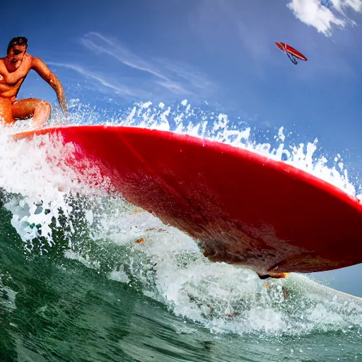 Image similar to a surfer surfing on a large wave of ketchup, through a sea made of ketchup, on a dunny day, 8 k, wide angle photography