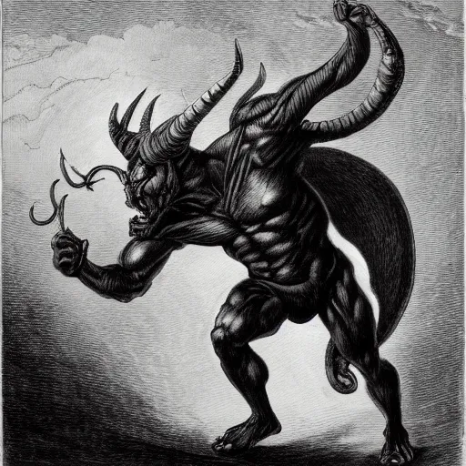 Image similar to full body grayscale drawing by Gustave Dore of muscled humanoid balrog beast with horns in heroic pose, swirling flames in background