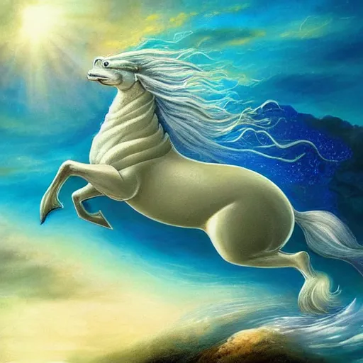 Image similar to a beautiful, celestial, oceanic hippocampus rising from the sea, fantasy art,