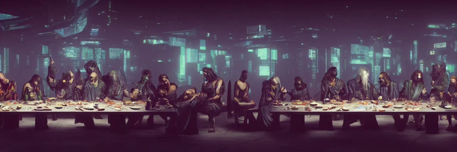 Prompt: the last supper, cyberpunk style, octane render