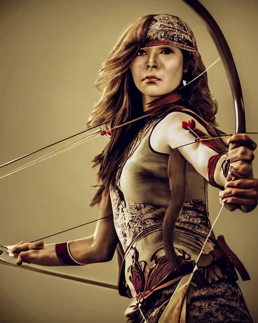 Image similar to photo of world, women with a bow and arrow, female archer, warrior, realistic face