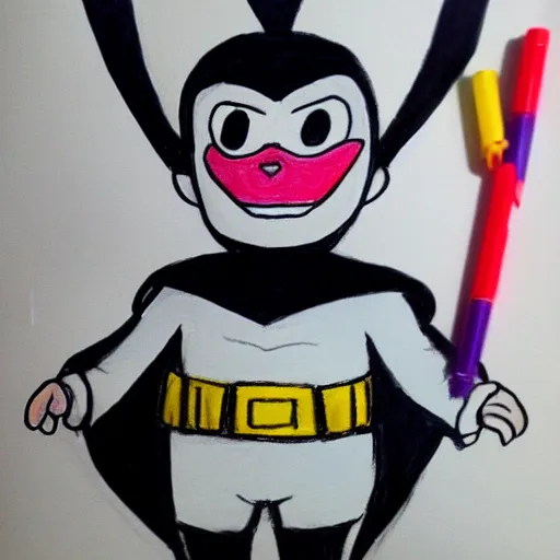 Prompt: a children's drawing of mr. mime as batman, crayon, paper