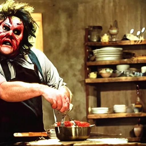 Prompt: Leatherface from the movie Texas Chainsaw Massacre hosting a cooking show