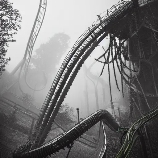 Prompt: abandoned theme park with large rollercoaster that has vines hanging from it, sharp focus, fog, hazy, creepy ambiance, desaturated, highly detailed, artgerm, rutkowski