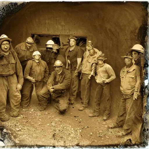 Prompt: a diverse group of alienated mine workers in a mine shaft, sepia, vintage photo, pinhole camera