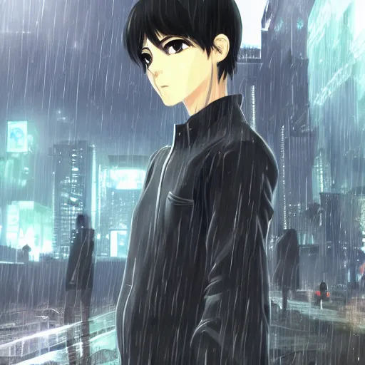 Image similar to android cyborg in urban dystopia makoto shinkai raining