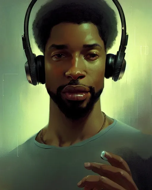 Image similar to light skin black man with headphones at his home studio producing music late at night, very detailed, 4 k, concept art like ernest khalimov, intricate details, highly detailed by greg rutkowski, ilya kuvshinov, gaston bussiere, craig mullins, simon bisley