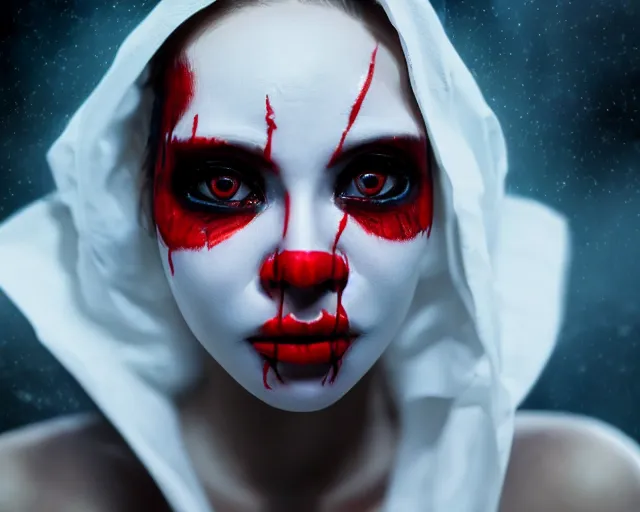 Prompt: a film still of a synthetic female human wrapped in white cloth, red eyes, mouth agape, tribal facepaint, in neotokyo, cinematic lighting, high resolution, 4 k