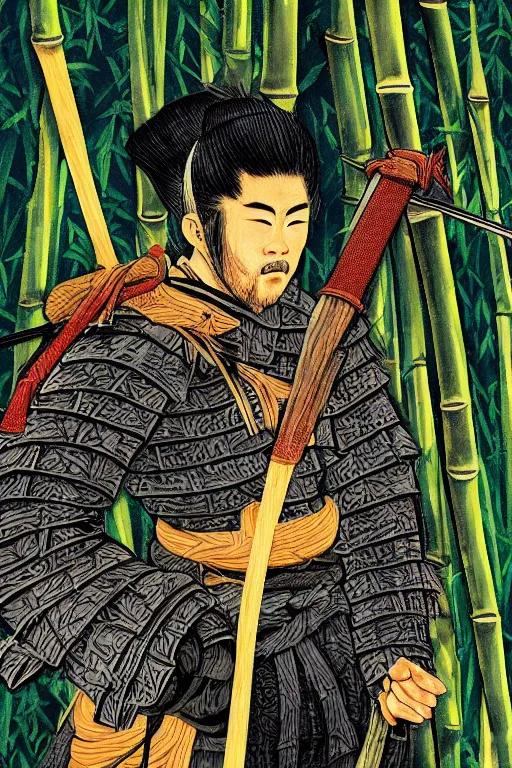 Prompt: close up of samurai warrior in a bamboo forest, an illustration by joe david benzal
