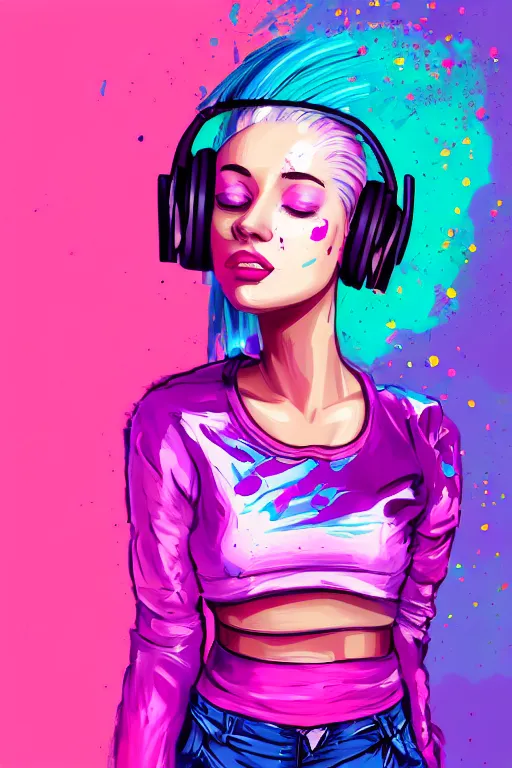 Image similar to a award winning half body portrait of a beautiful woman in a croptop and cargo pants with ombre purple pink teal hairstyle with head in motion and hair flying listenin to music on headphones by wlop, paint splatter, outrun, vaporware, shaded flat illustration, digital art, trending on artstation, highly detailed, fine detail, intricate