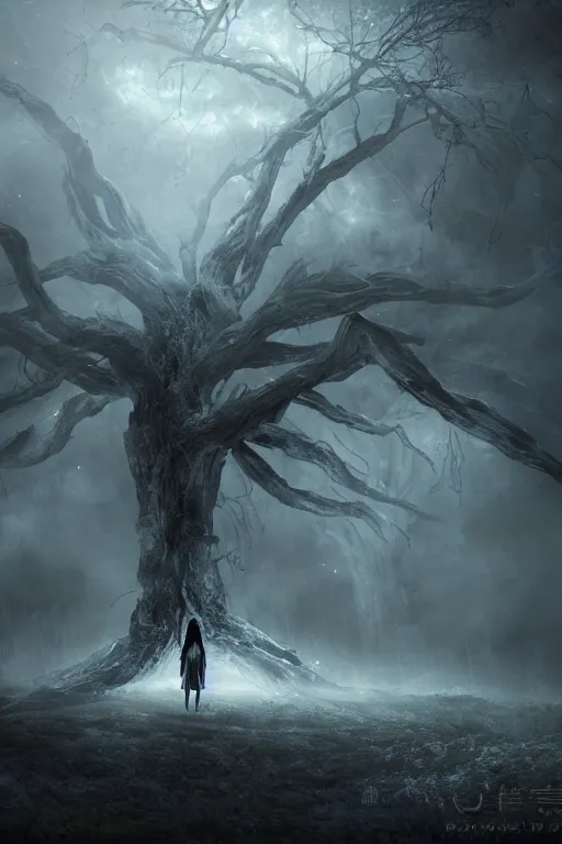 Image similar to plasma body, anime spectral female character, emerge from big old creepy tree, mist aura, black eyes melt, full body portrait, photorealistic, volumetric lighting, octane rendering, dark and mysterious, atmospheric, ominous, creepy, cinematic, real, concept art, Epic, 8k, 4k, ultra detail, ultra realistic, trading art station, rendered by awesomeness