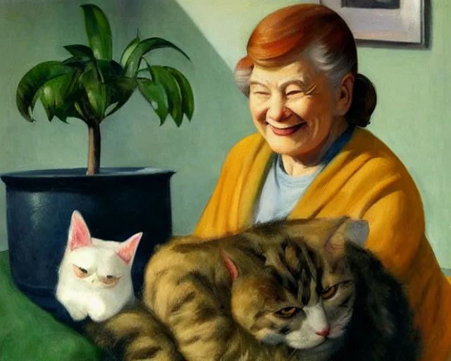 Prompt: detailed portrait of a happy old lady and her plant cat , Edward Hopper, sharp high quality