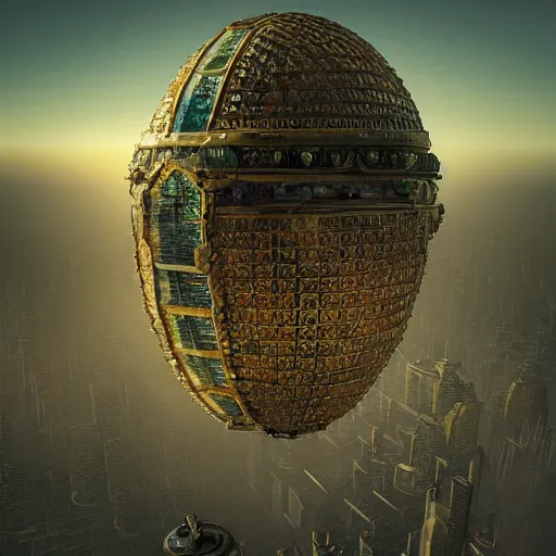 Image similar to enormous flying city in a faberge egg, sky, steampunk, fantasy art, unreal engine, aerial view